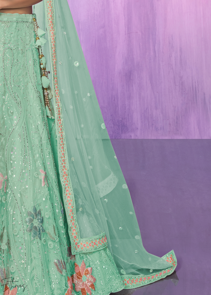 Mint Green Floral Embroidered Net Lehenga Choli Set