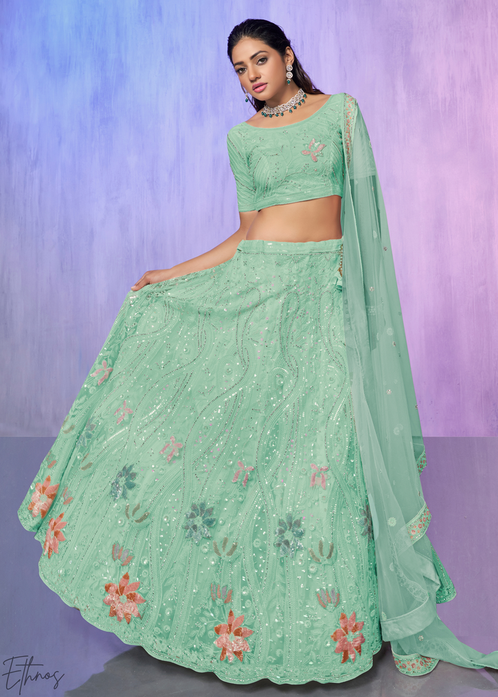 Mint Green Floral Embroidered Net Lehenga Choli Set