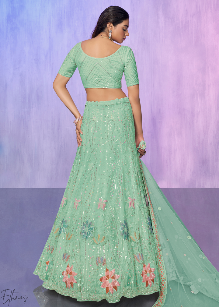 Mint Green Floral Embroidered Net Lehenga Choli Set