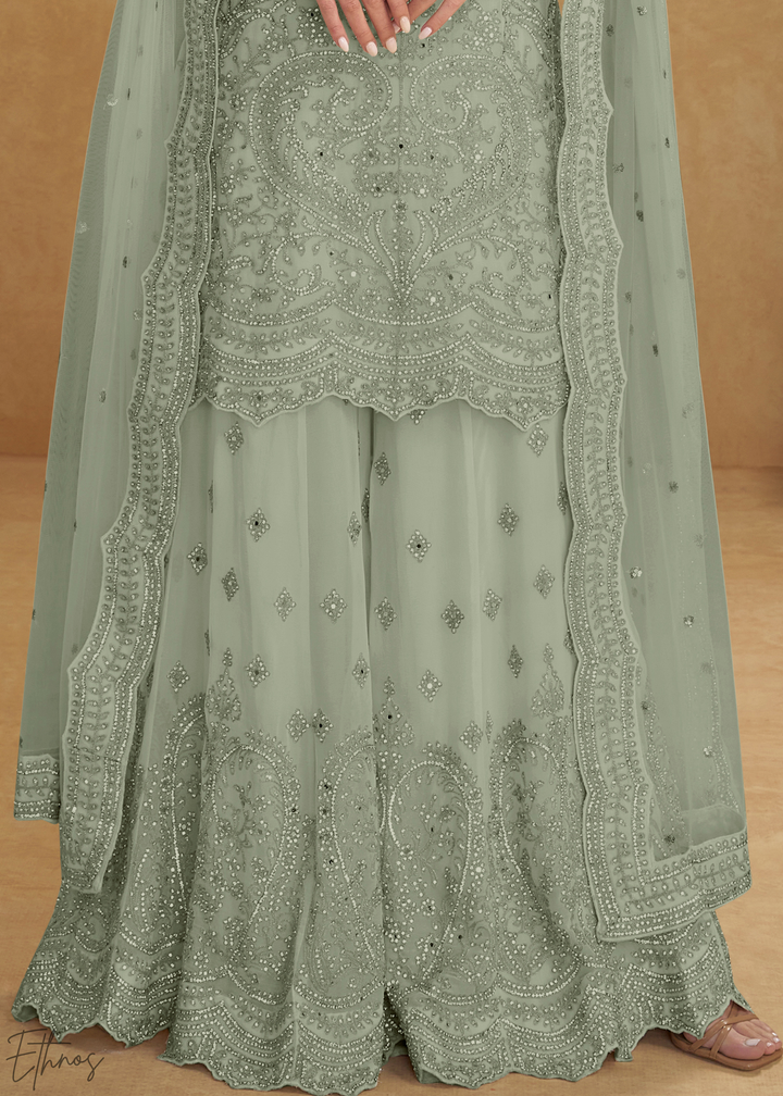 Mint Green Floral Embroidered Net Sharara Suit