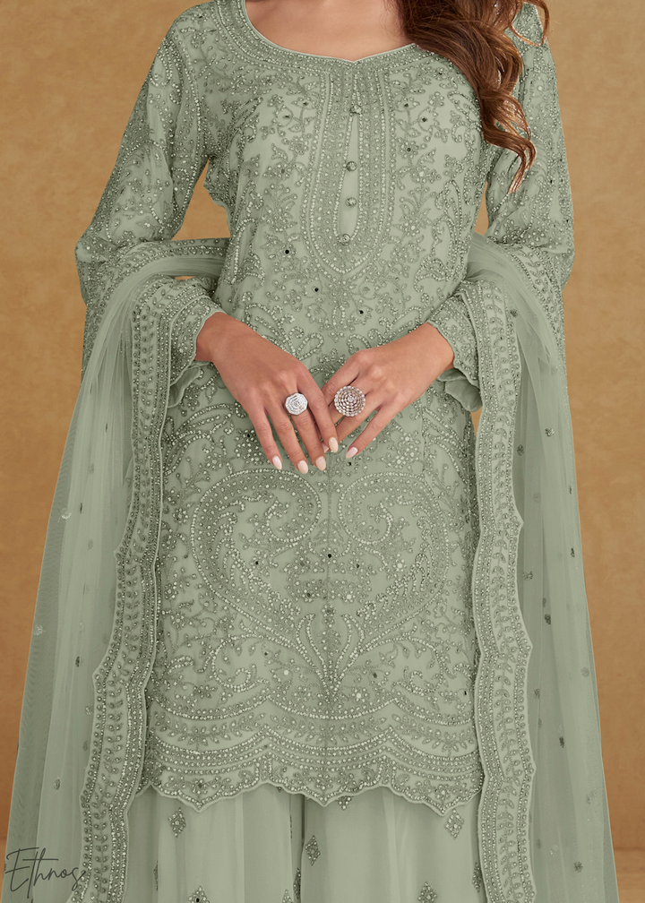 Mint Green Floral Embroidered Net Sharara Suit