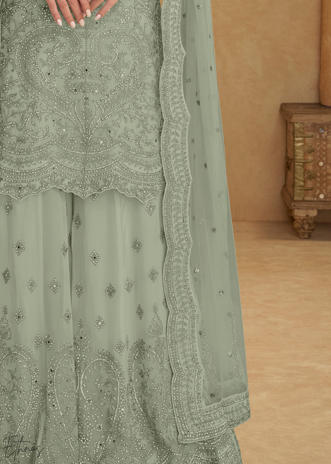 Mint Green Floral Embroidered Net Sharara Suit