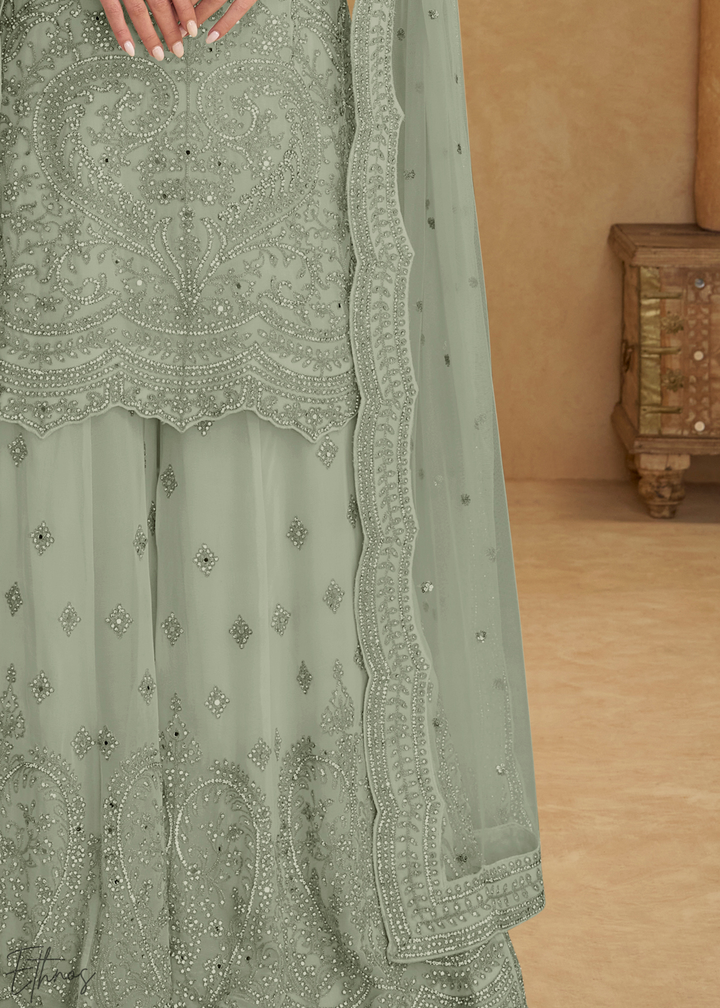 Mint Green Floral Embroidered Net Sharara Suit