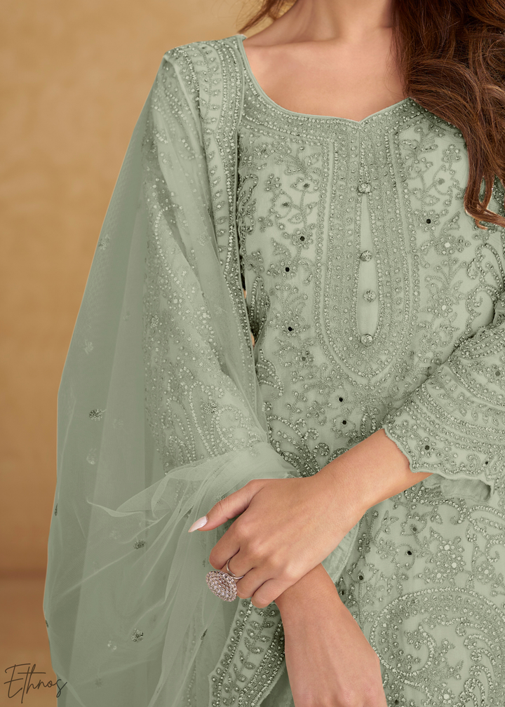Mint Green Floral Embroidered Net Sharara Suit