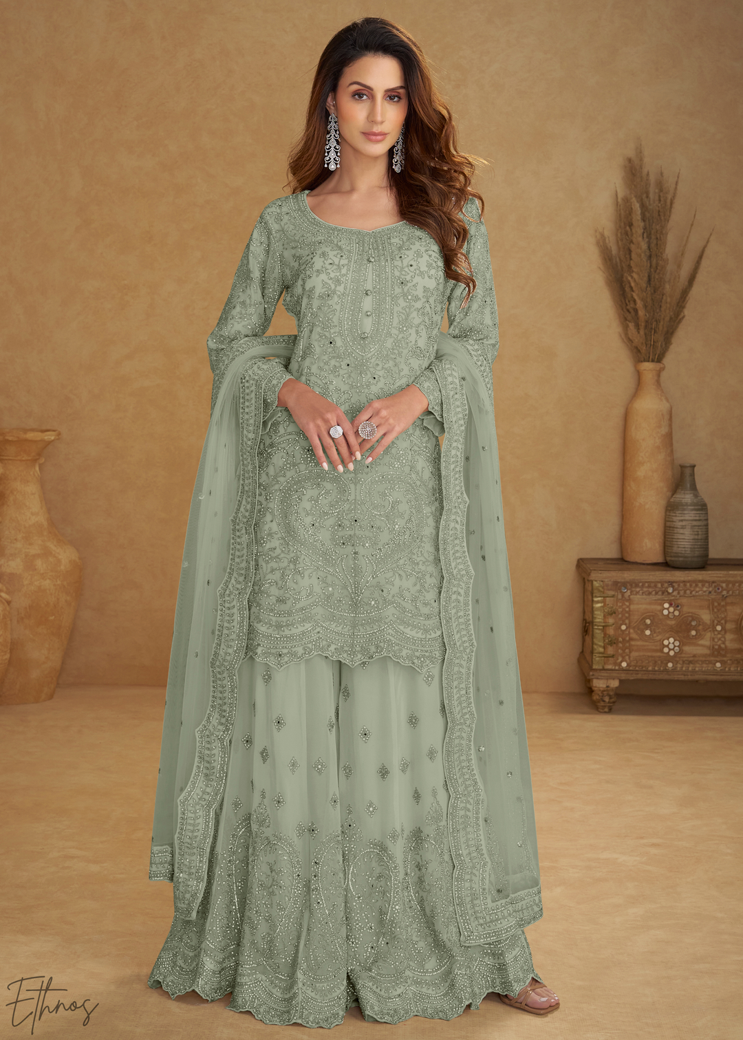 Mint Green Floral Embroidered Net Sharara Suit