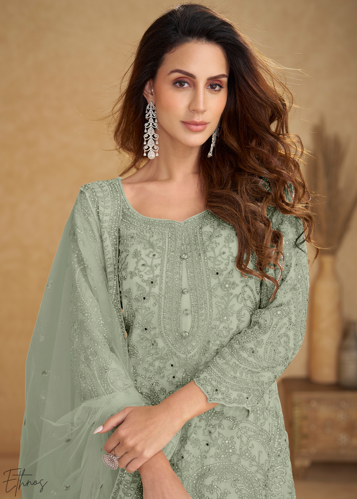 Mint Green Floral Embroidered Net Sharara Suit