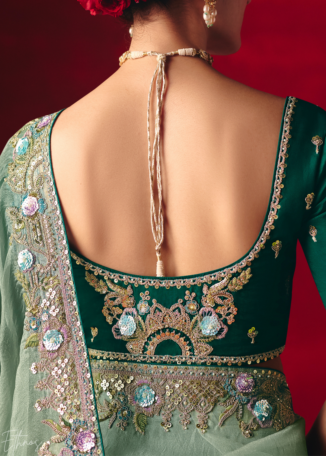 Mint Green Floral Sequin Embroidered Organza Tissue Saree