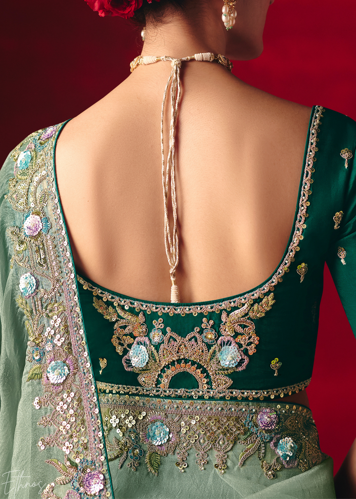 Mint Green Floral Sequin Embroidered Organza Tissue Saree