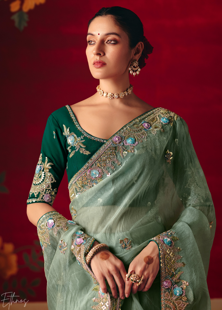Mint Green Floral Sequin Embroidered Organza Tissue Saree