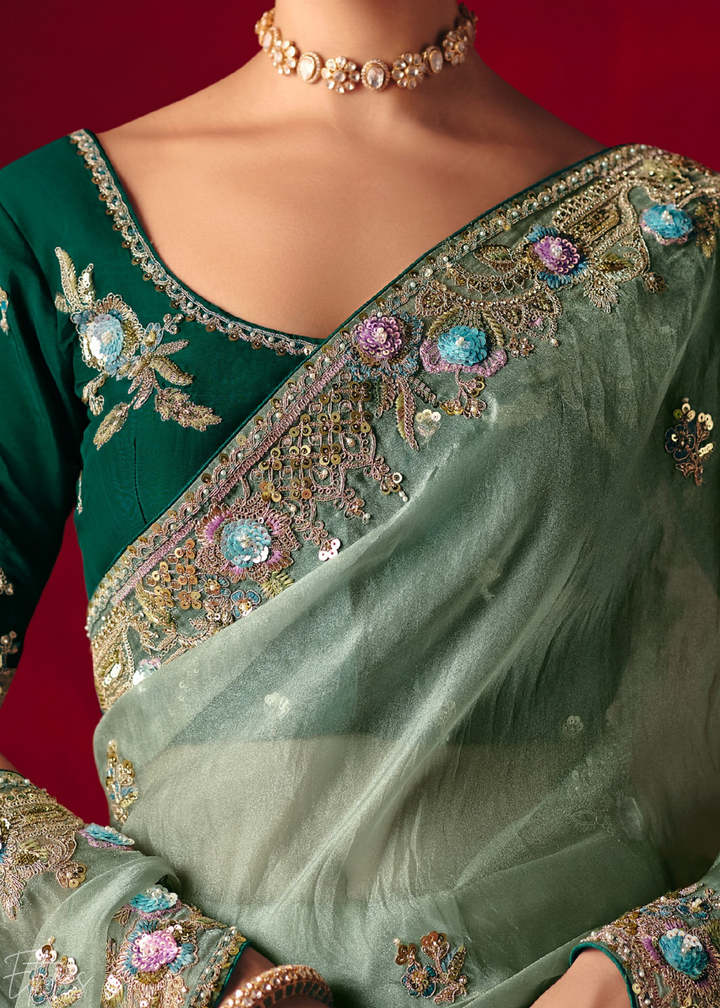 Mint Green Floral Sequin Embroidered Organza Tissue Saree