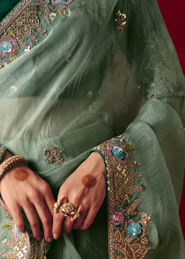 Mint Green Floral Sequin Embroidered Organza Tissue Saree
