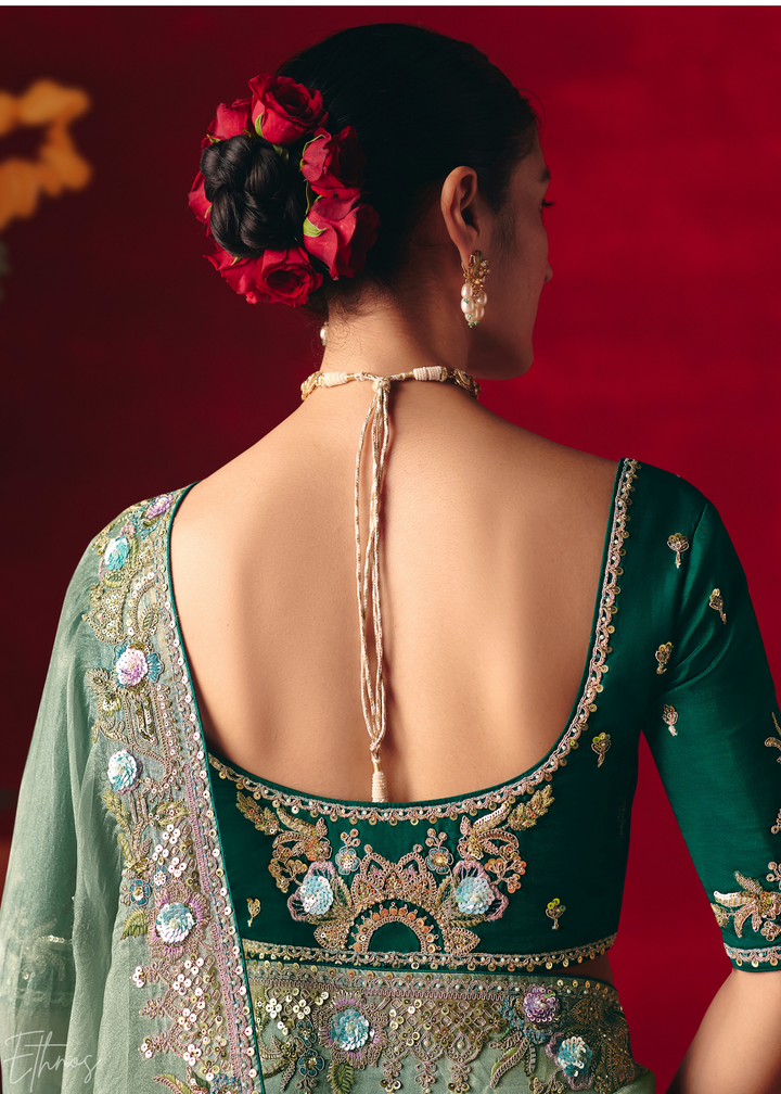 Mint Green Floral Sequin Embroidered Organza Tissue Saree