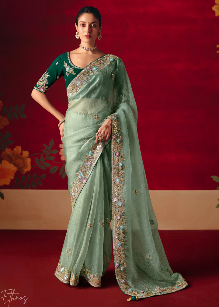 Mint Green Floral Sequin Embroidered Organza Tissue Saree