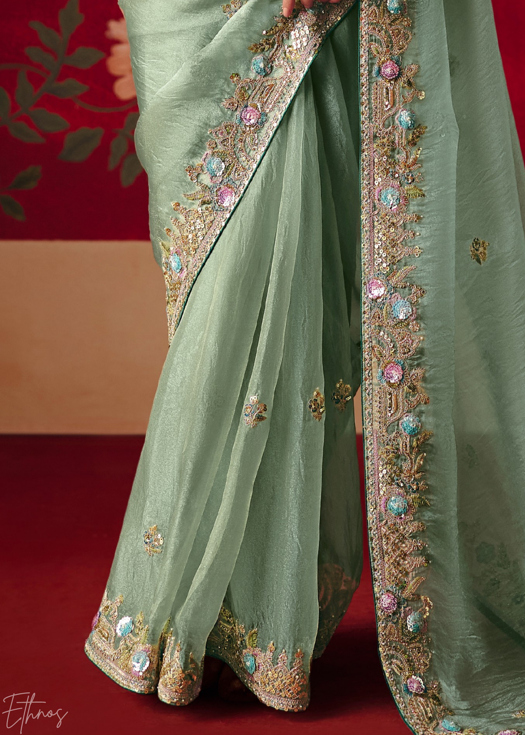 Mint Green Floral Sequin Embroidered Organza Tissue Saree
