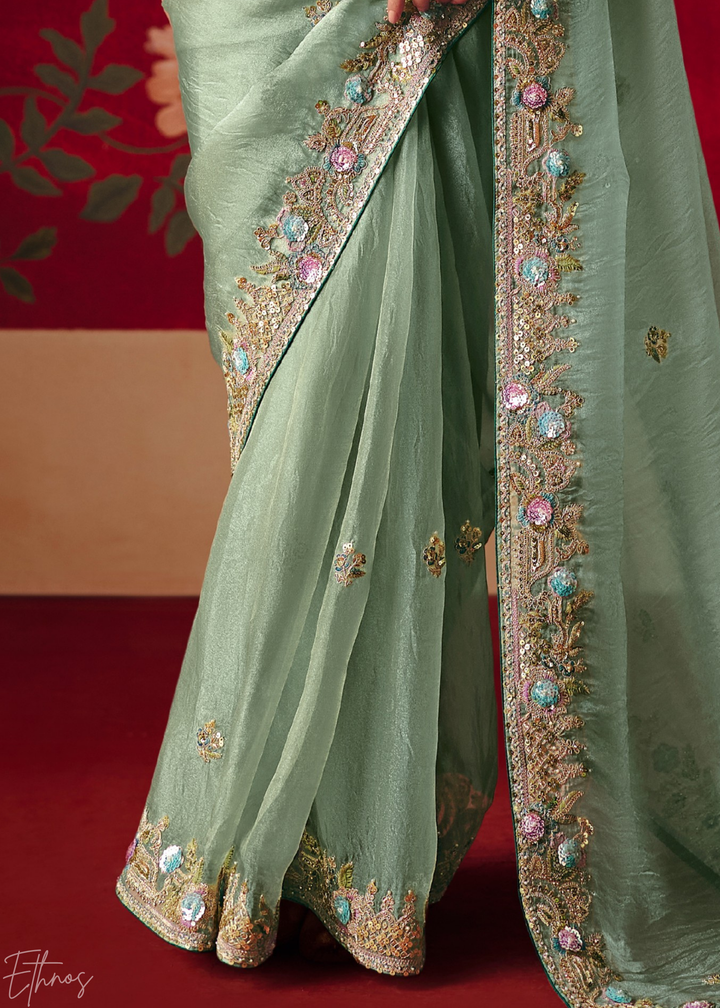 Mint Green Floral Sequin Embroidered Organza Tissue Saree