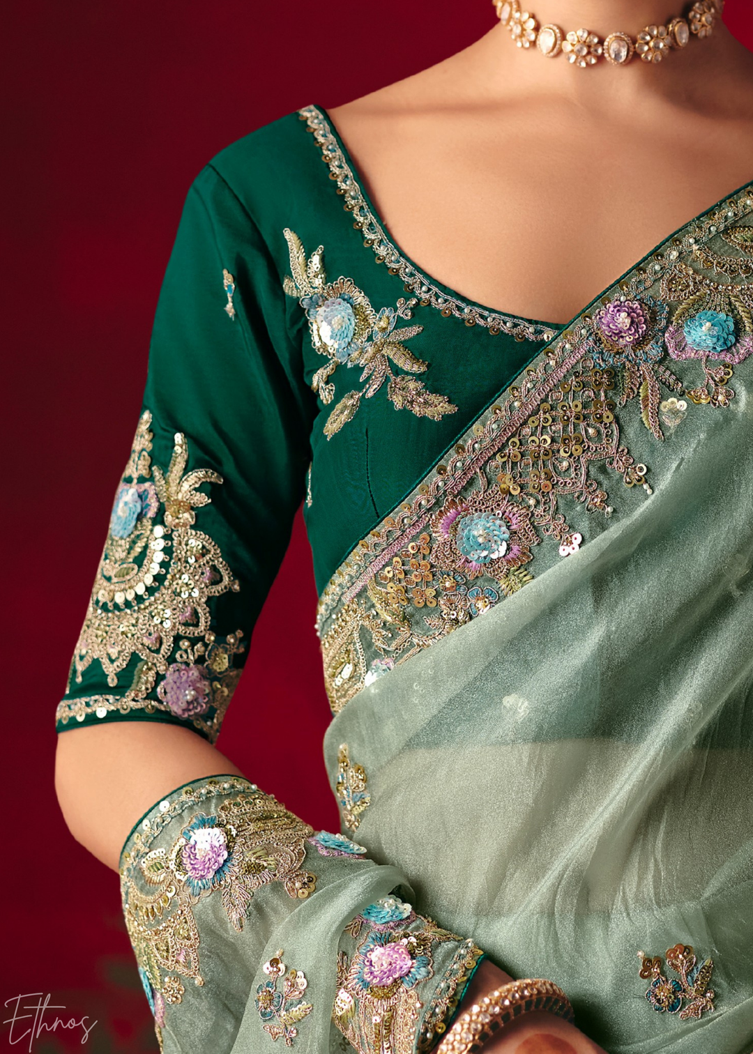 Mint Green Floral Sequin Embroidered Organza Tissue Saree