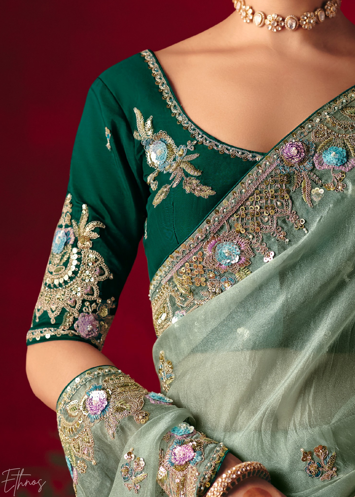 Mint Green Floral Sequin Embroidered Organza Tissue Saree