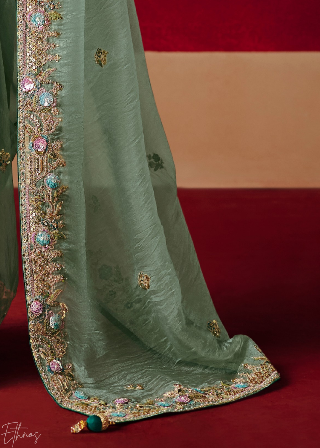 Mint Green Floral Sequin Embroidered Organza Tissue Saree