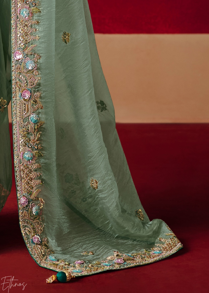 Mint Green Floral Sequin Embroidered Organza Tissue Saree