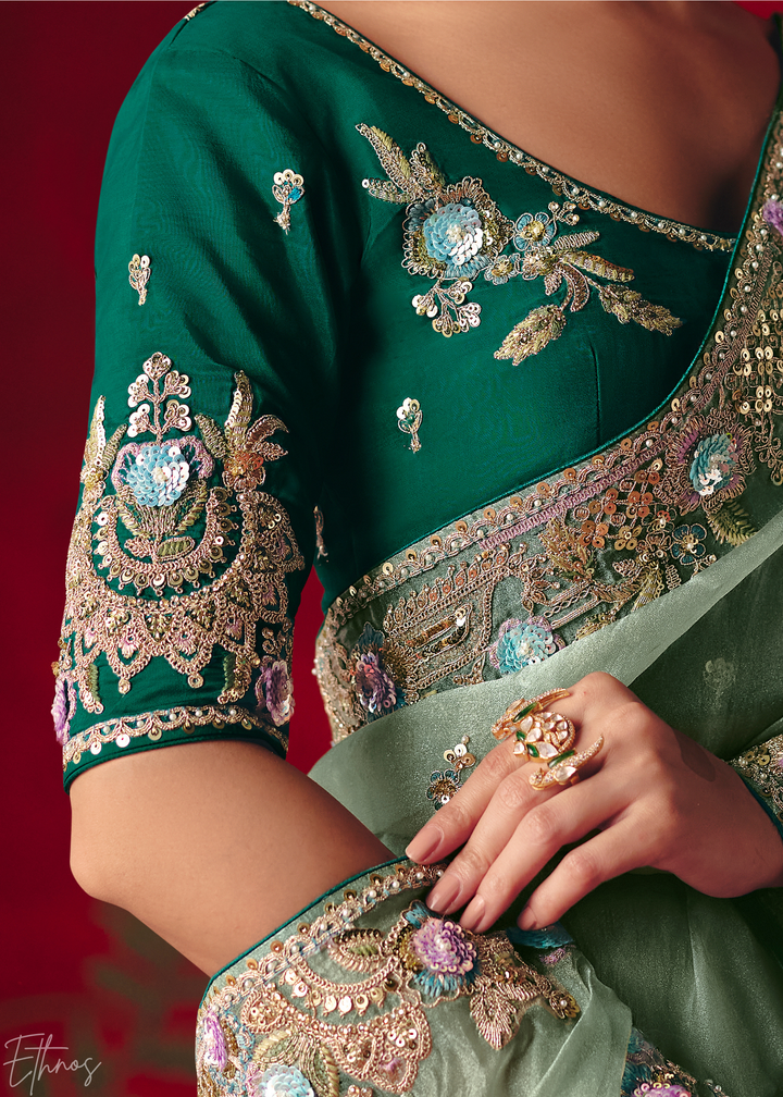 Mint Green Floral Sequin Embroidered Organza Tissue Saree