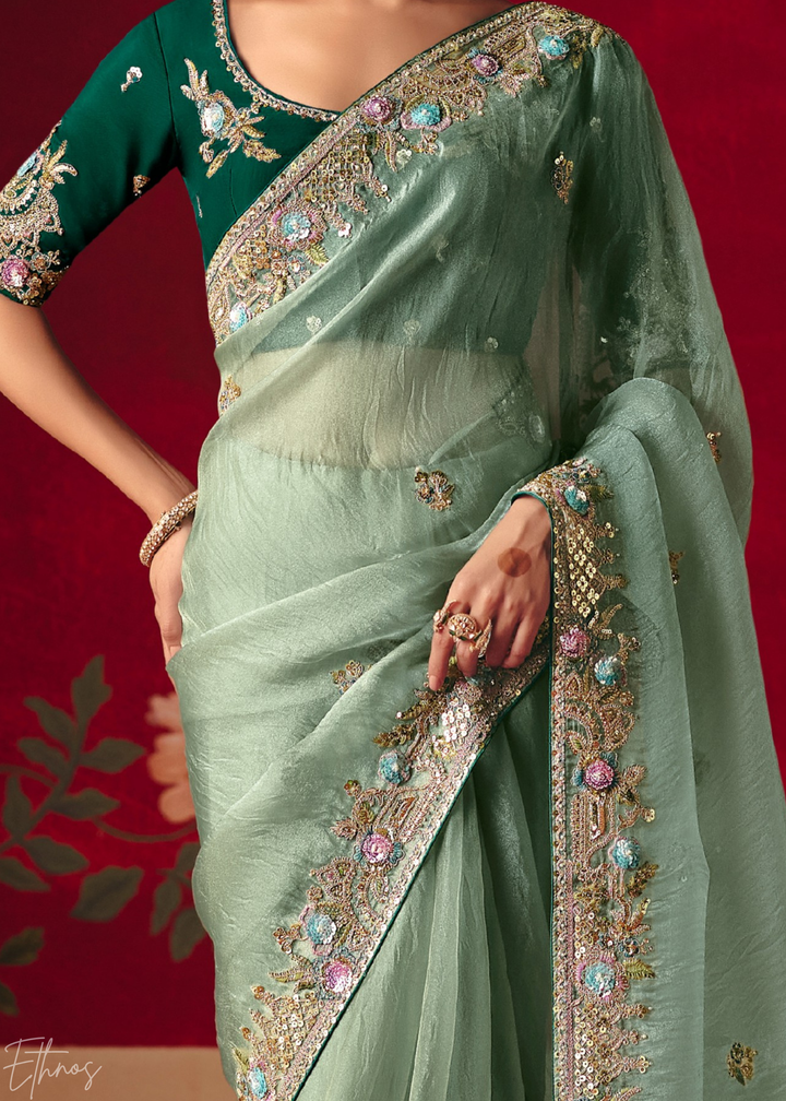 Mint Green Floral Sequin Embroidered Organza Tissue Saree