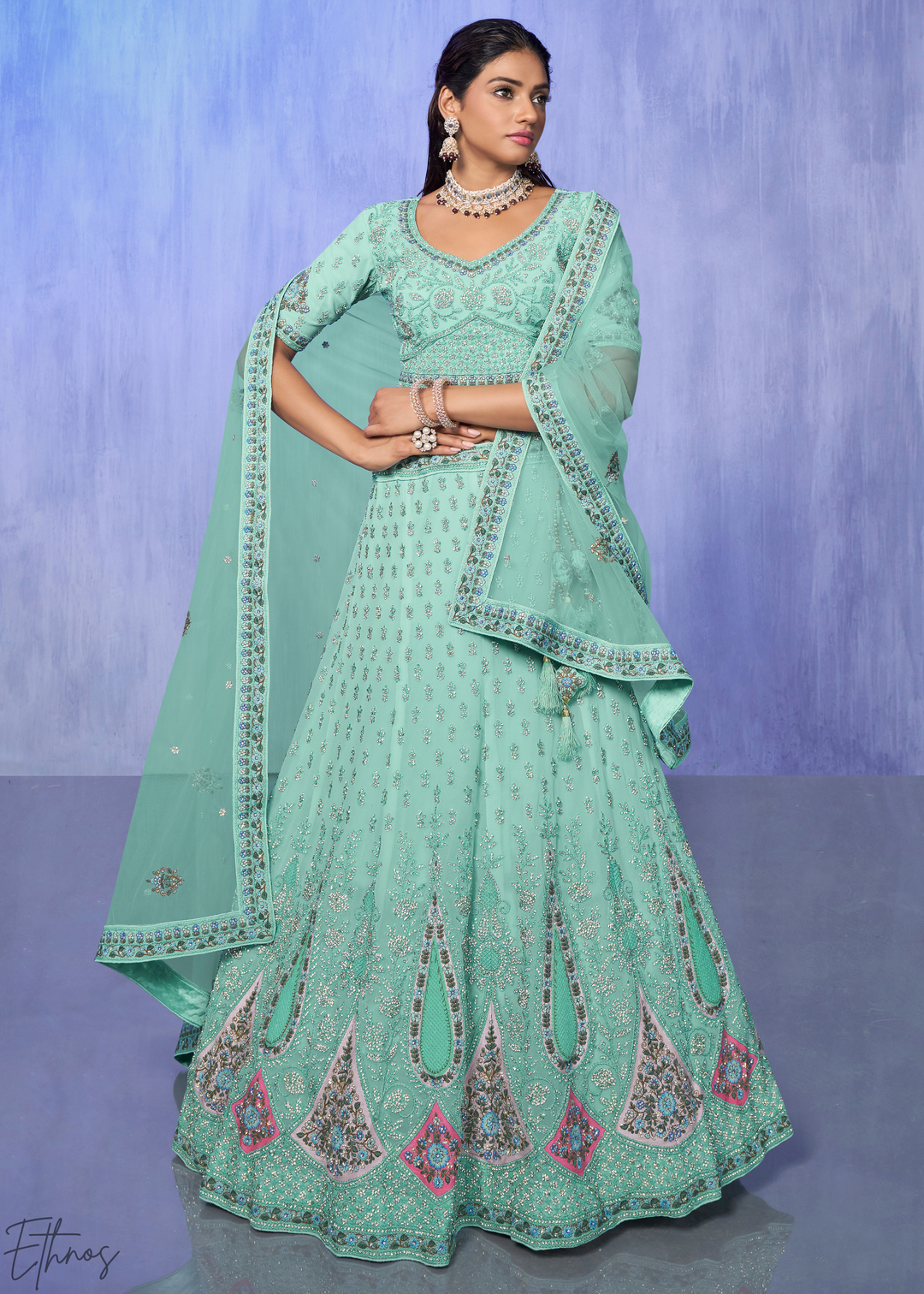 Mint Green Floral & Paisley Embroidered Georgette Lehenga Choli Set