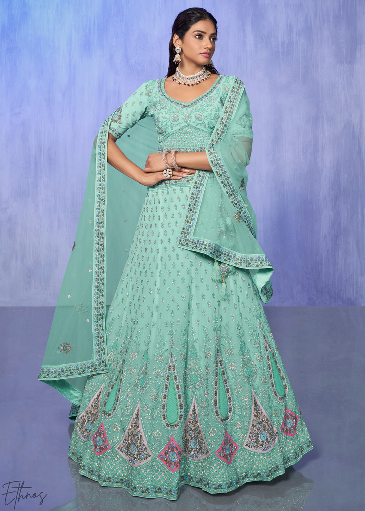 Mint Green Floral & Paisley Embroidered Georgette Lehenga Choli Set