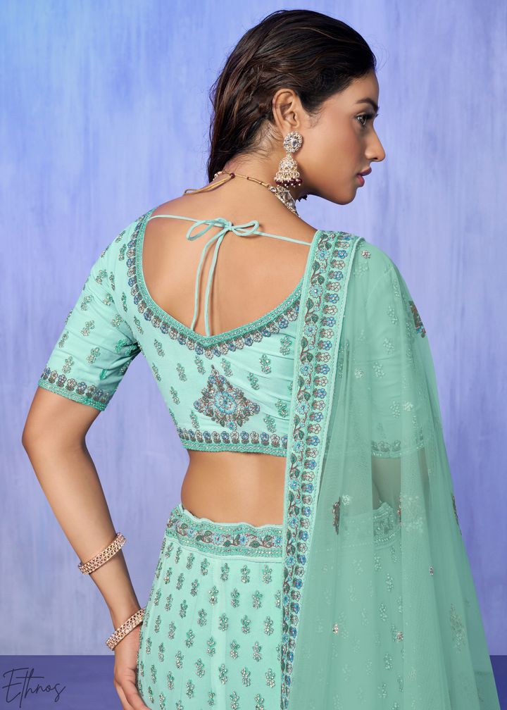 Mint Green Floral & Paisley Embroidered Georgette Lehenga Choli Set