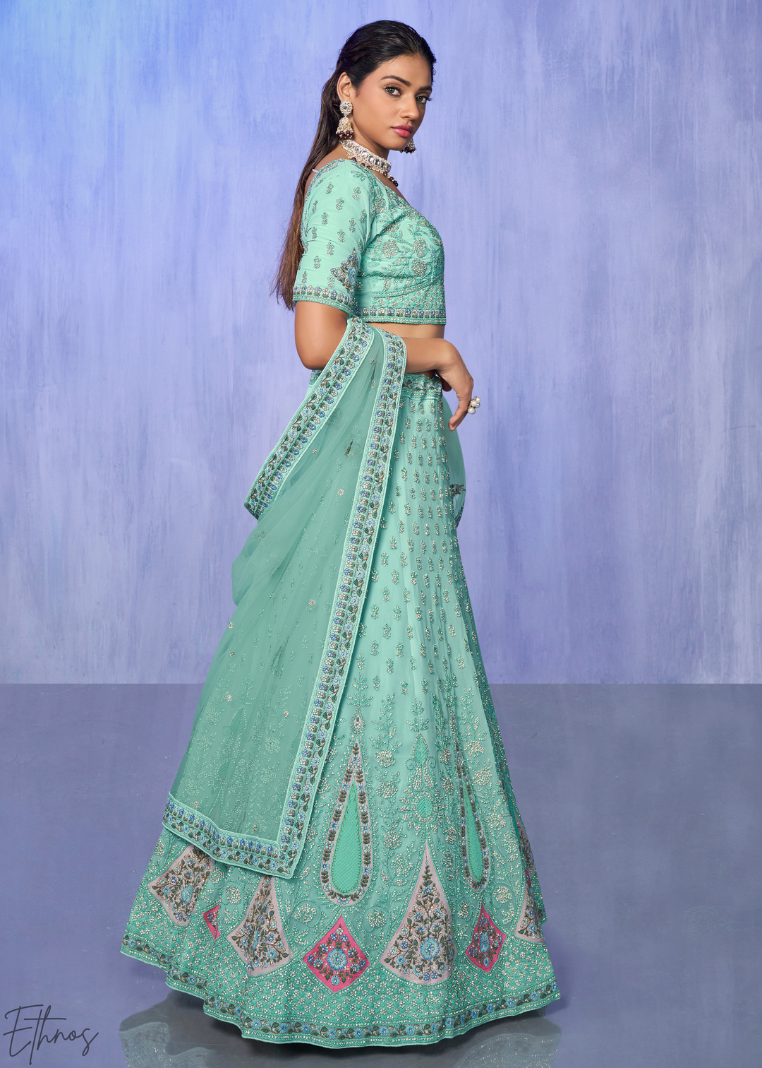Mint Green Floral & Paisley Embroidered Georgette Lehenga Choli Set