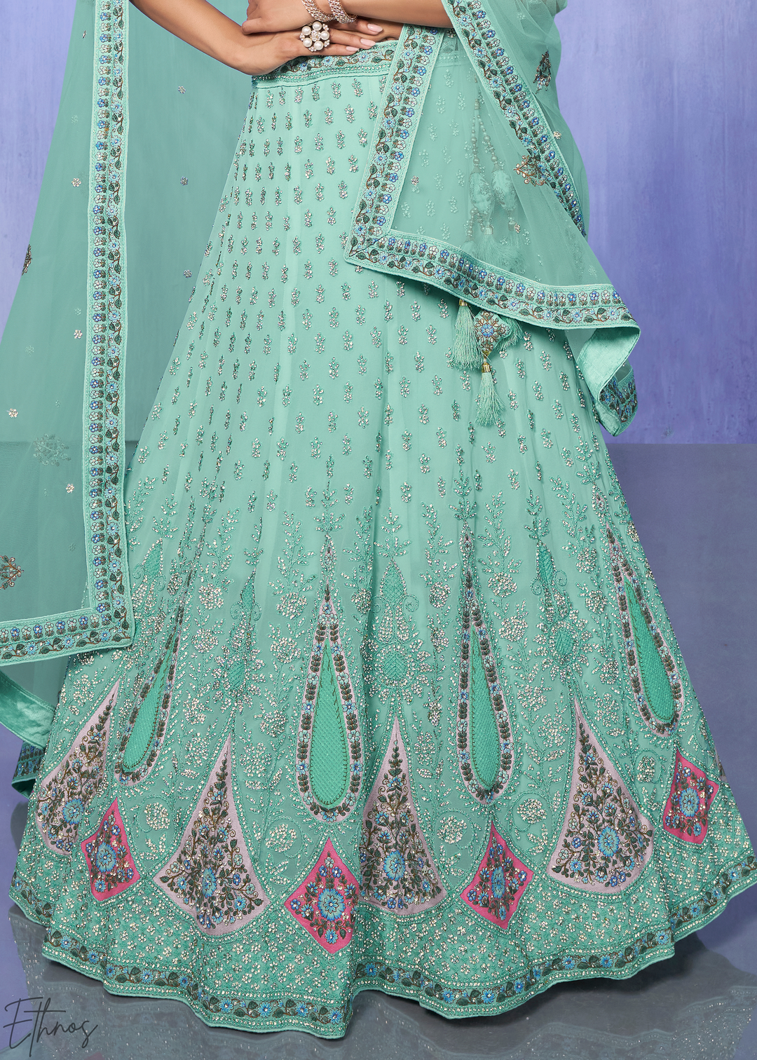Mint Green Floral & Paisley Embroidered Georgette Lehenga Choli Set