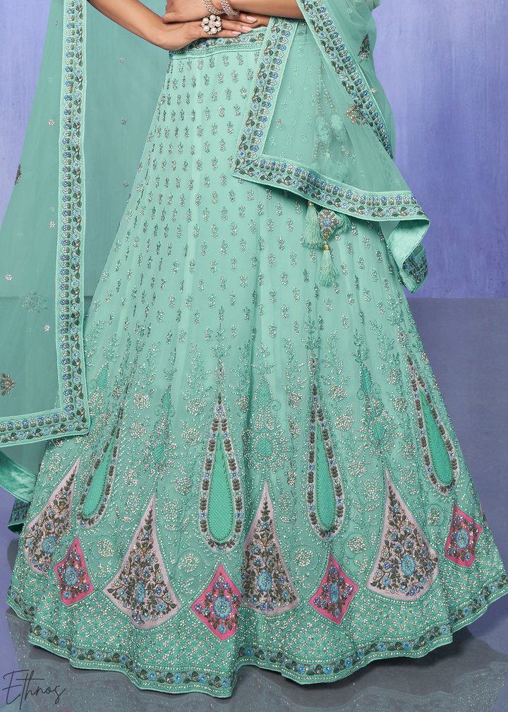 Mint Green Floral & Paisley Embroidered Georgette Lehenga Choli Set