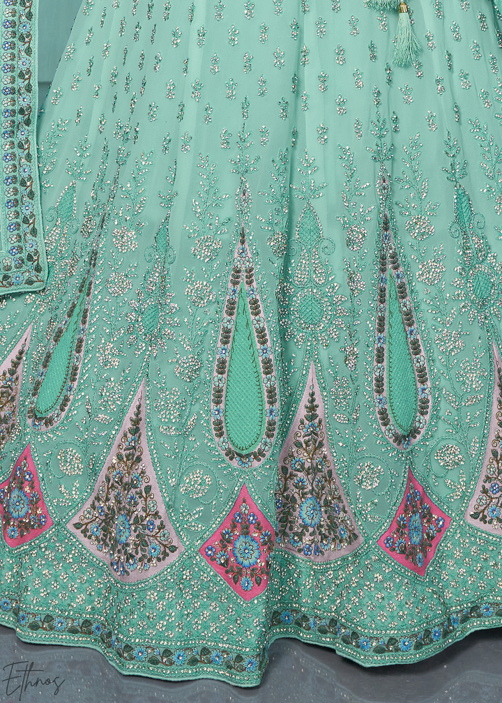 Mint Green Floral & Paisley Embroidered Georgette Lehenga Choli Set