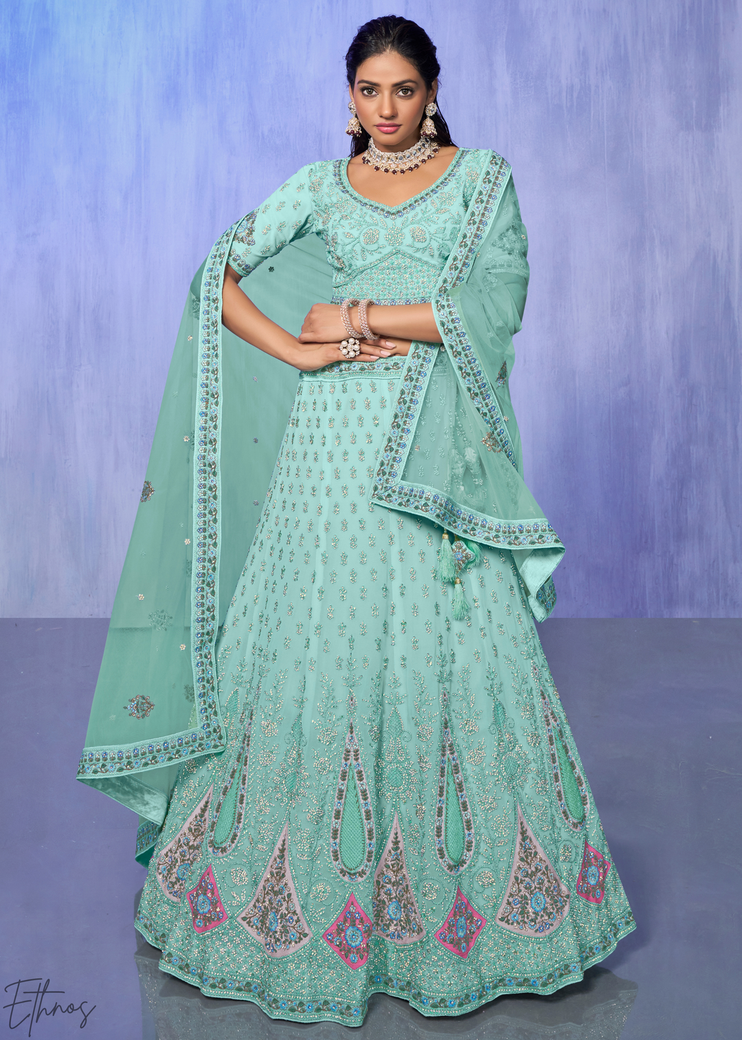 Mint Green Floral & Paisley Embroidered Georgette Lehenga Choli Set