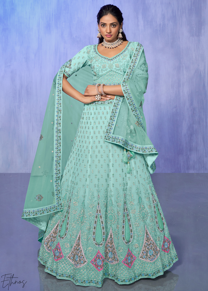 Mint Green Floral & Paisley Embroidered Georgette Lehenga Choli Set