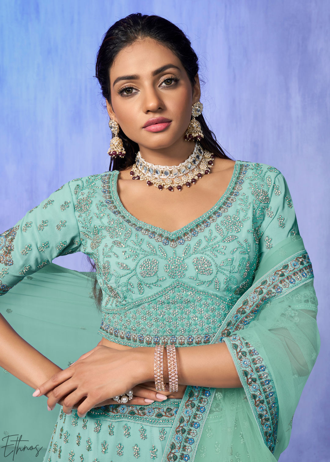 Mint Green Floral & Paisley Embroidered Georgette Lehenga Choli Set