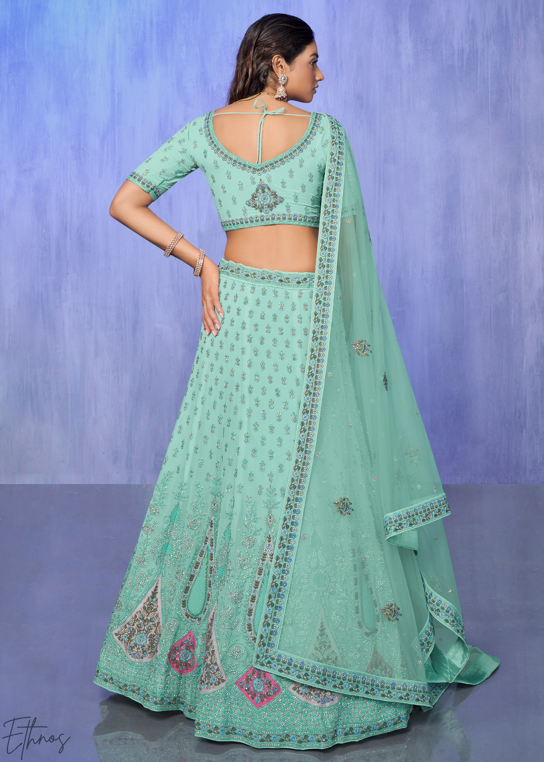 Mint Green Floral & Paisley Embroidered Georgette Lehenga Choli Set