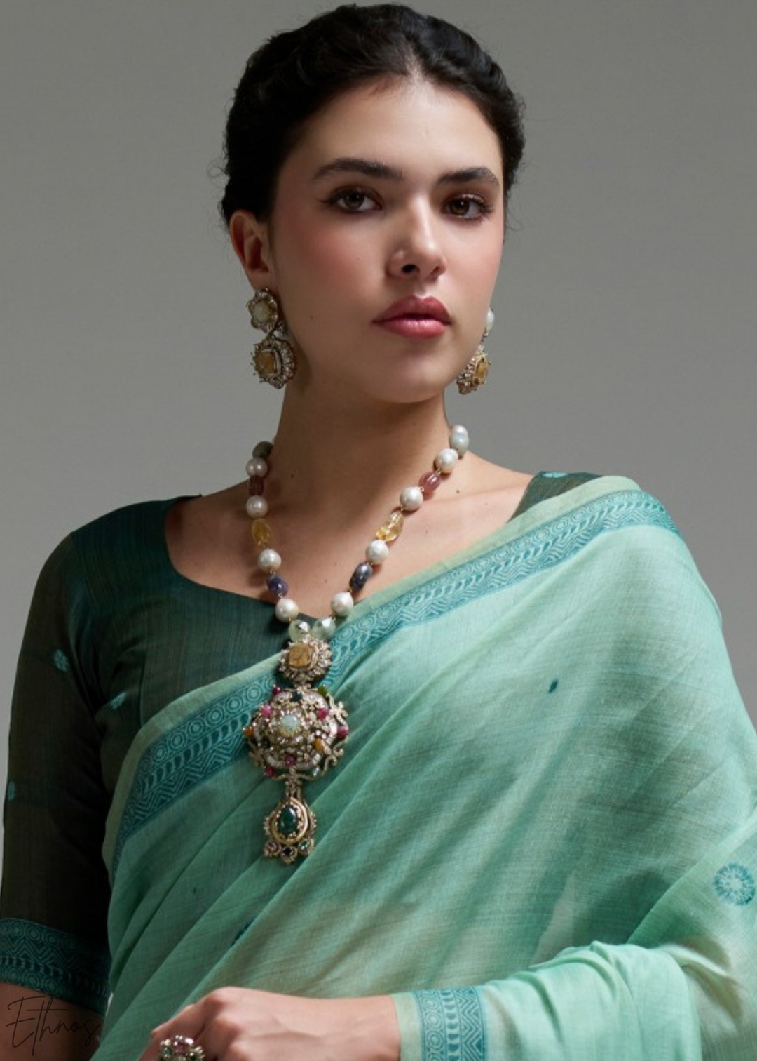 Mint Green Geometric Block Printed Cotton Linen Saree