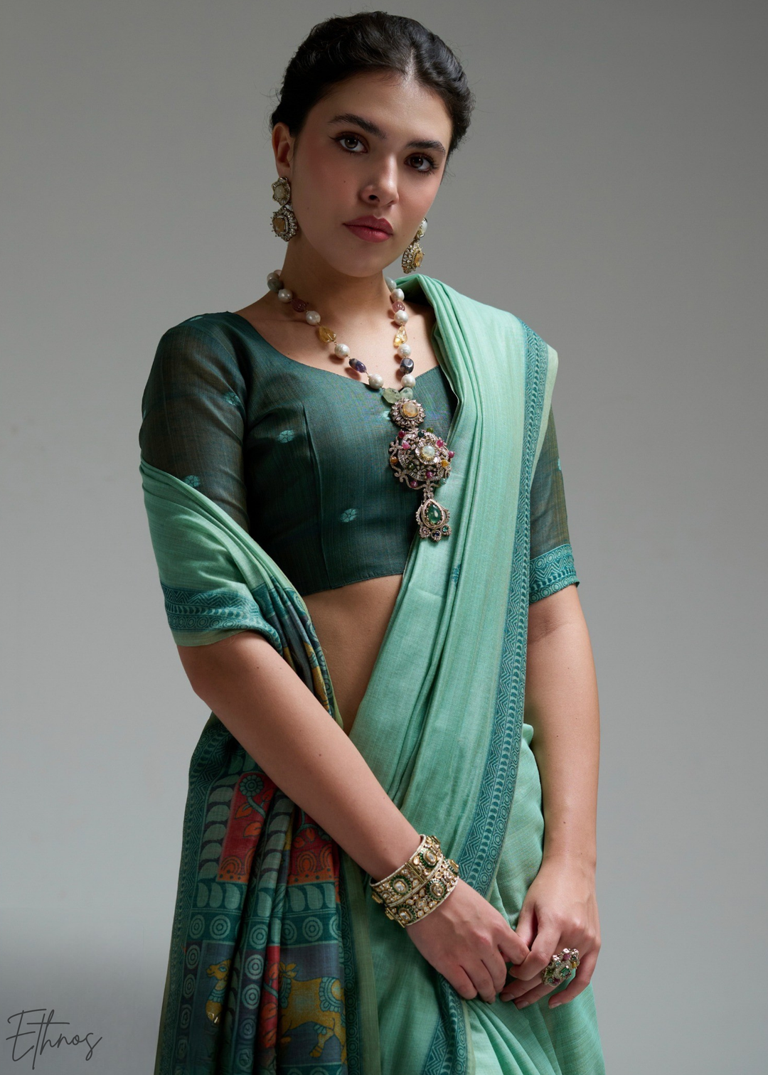 Mint Green Geometric Block Printed Cotton Linen Saree