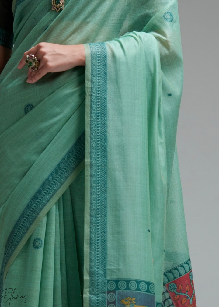 Mint Green Geometric Block Printed Cotton Linen Saree
