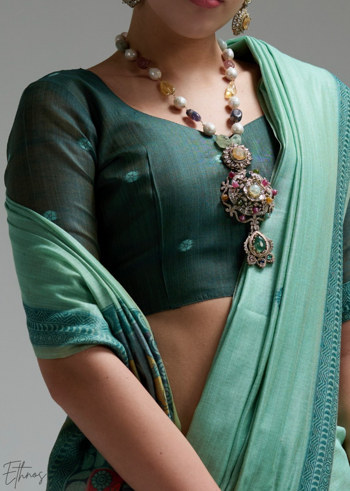 Mint Green Geometric Block Printed Cotton Linen Saree