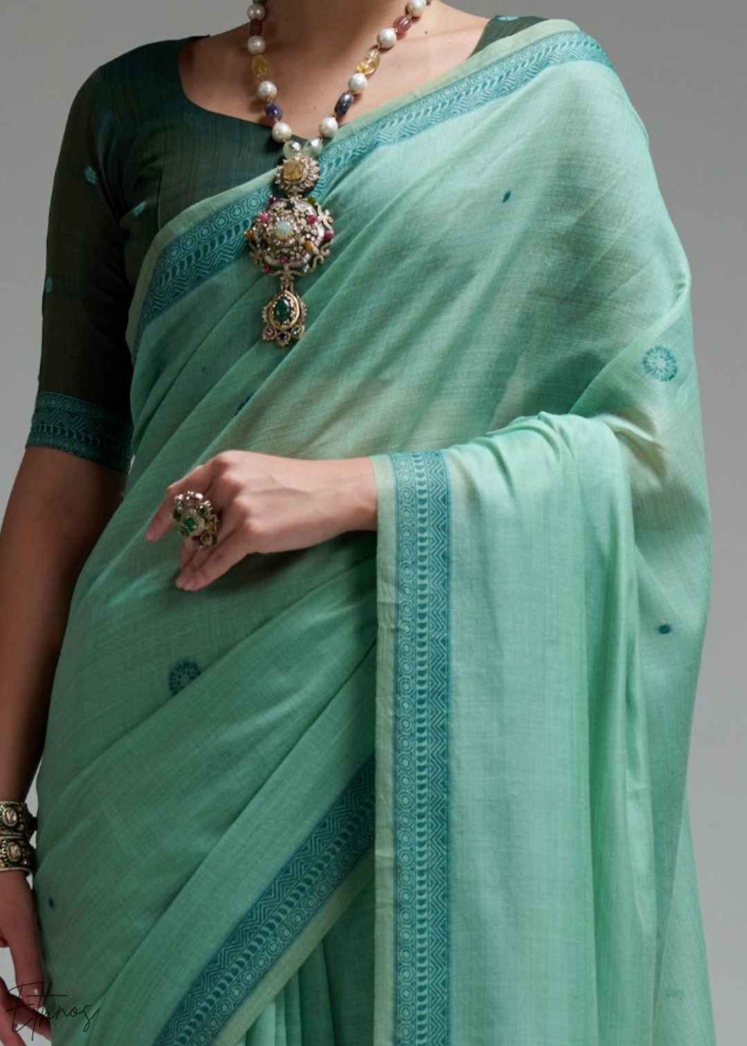 Mint Green Geometric Block Printed Cotton Linen Saree