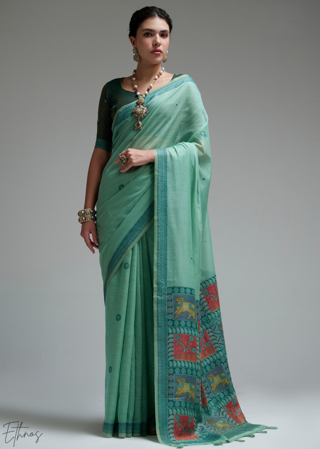 Mint Green Geometric Block Printed Cotton Linen Saree