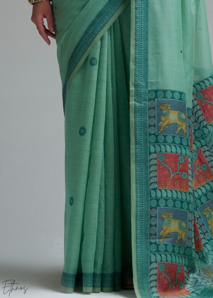 Mint Green Geometric Block Printed Cotton Linen Saree