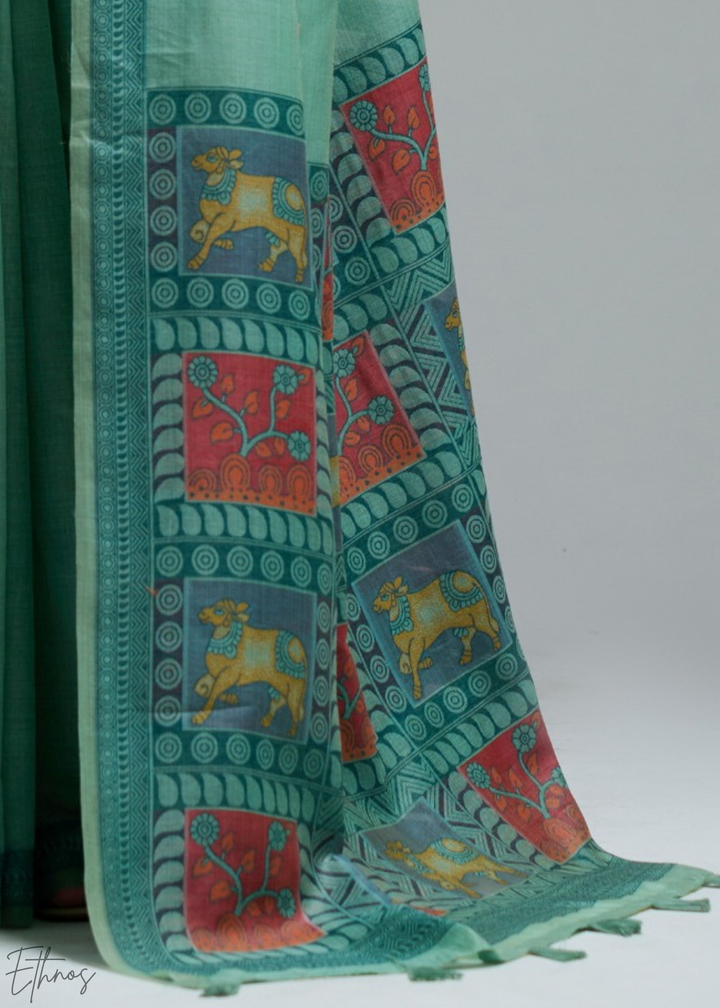 Mint Green Geometric Block Printed Cotton Linen Saree