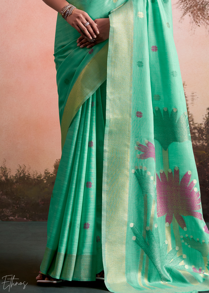 Mint Green Lotus Pallu Linen Silk Saree