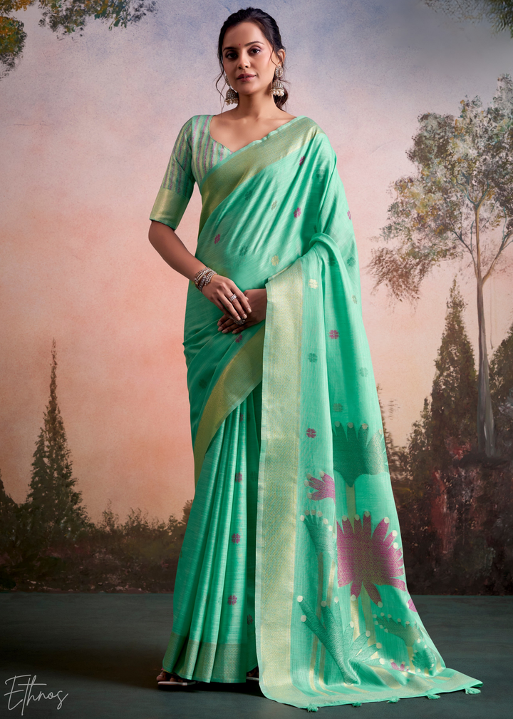 Mint Green Lotus Pallu Linen Silk Saree