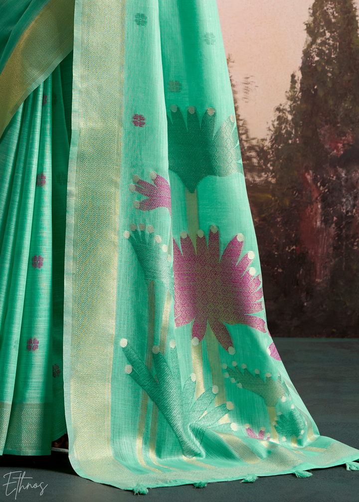 Mint Green Lotus Pallu Linen Silk Saree