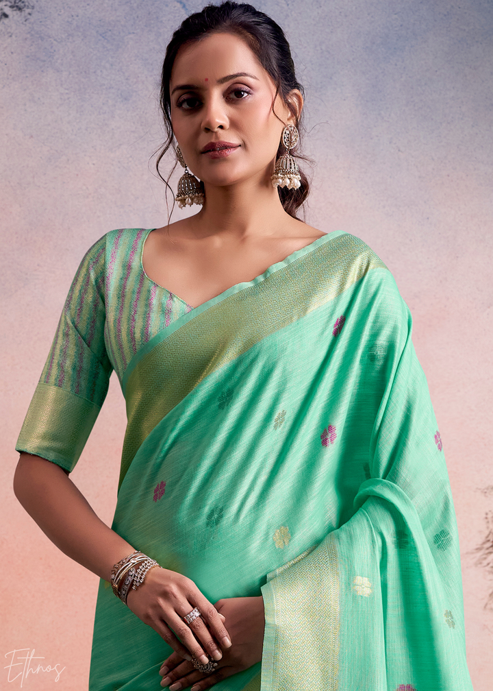 Mint Green Lotus Pallu Linen Silk Saree