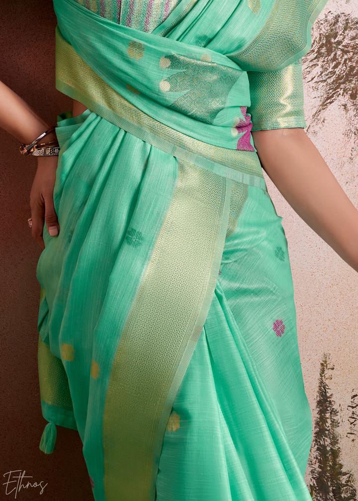 Mint Green Lotus Pallu Linen Silk Saree