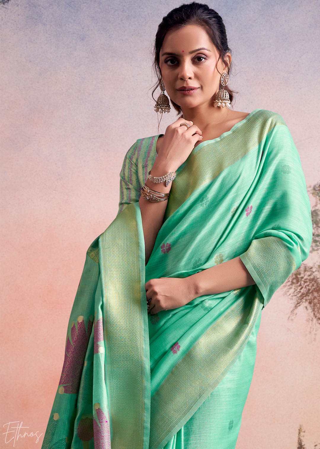 Mint Green Lotus Pallu Linen Silk Saree